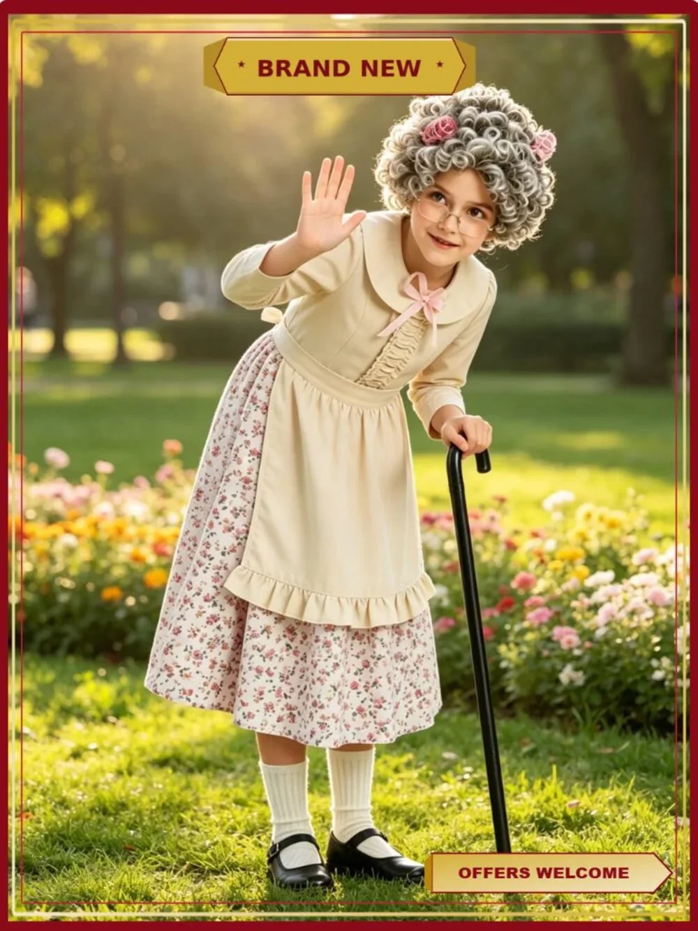 Girls Old Lady Costume 10Pc Set 100 Days of School Halloween Grandma Dress Up